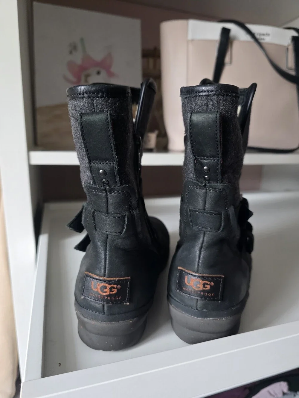 Ugg  Black Leather & Gray Fabric Ankle Boots with Buckle Detail